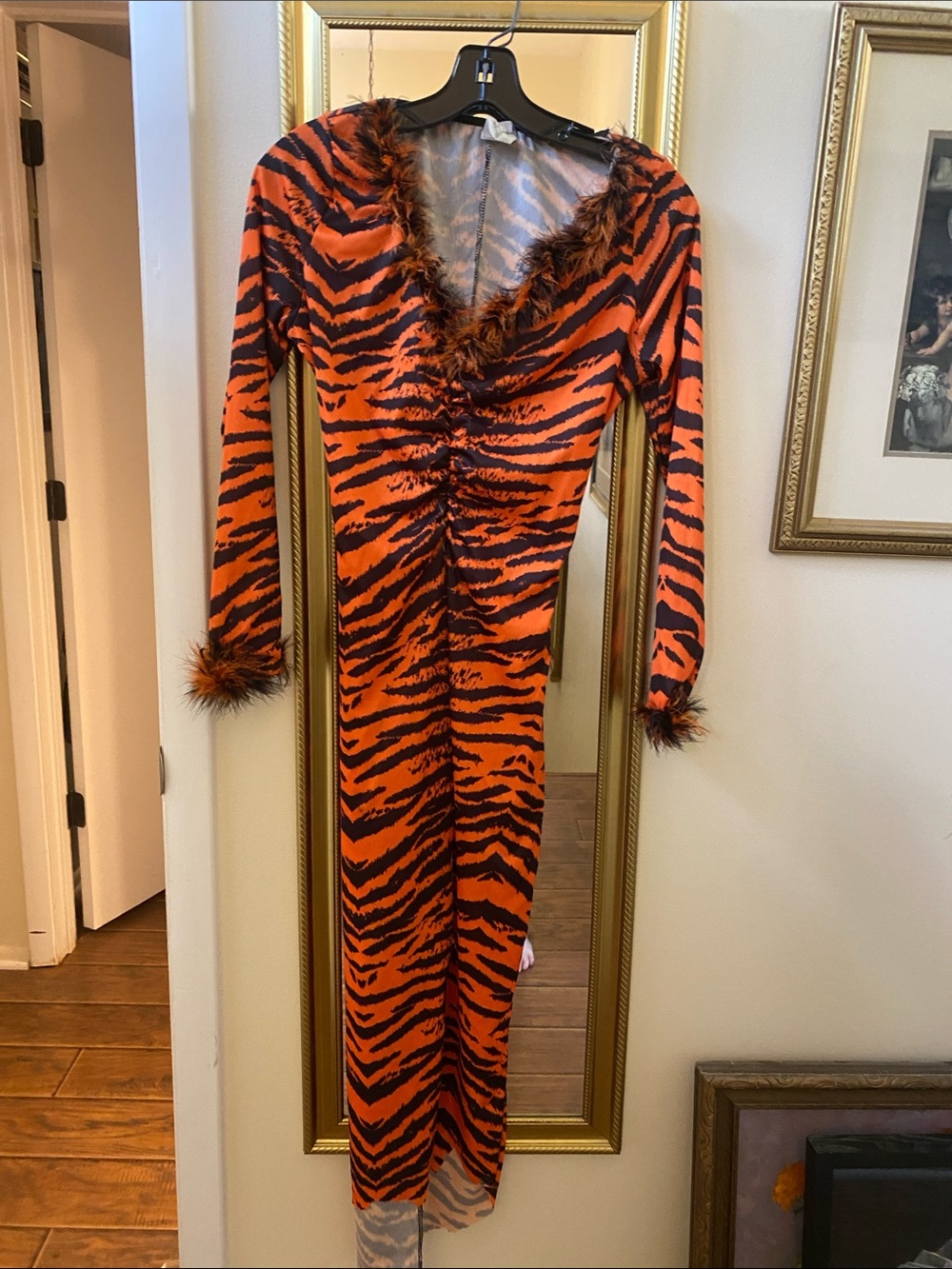 Orange and Black Tiger-Print Long Sleeve Maxi Dress costume  with Feather Trim